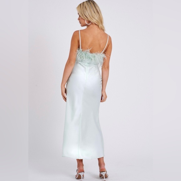 Mint Satin Ostrich Feather Trim Midi Slip Dress - NWT - Picture 4 of 7